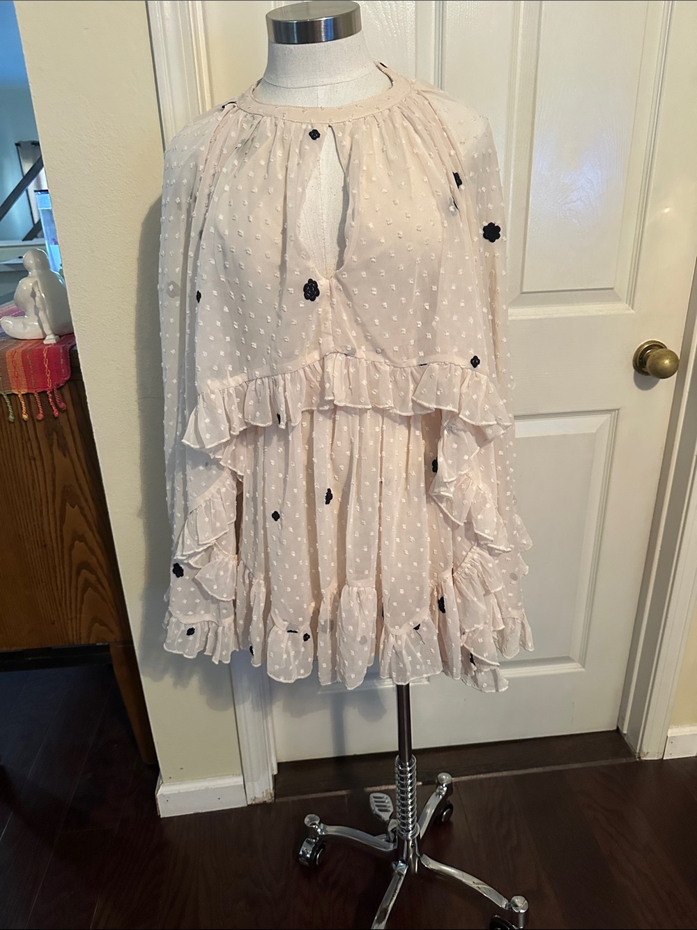 Lulus Cream Ruffle Mini Cape Dress with Black Floral Accents